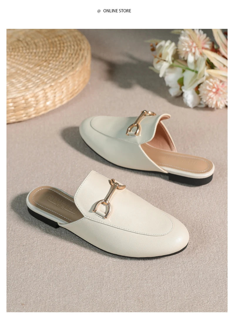 2024 spring and summer women’s outer wear slippers flat shoes Women's casual mules Stylish metal decoration Large size 41-44