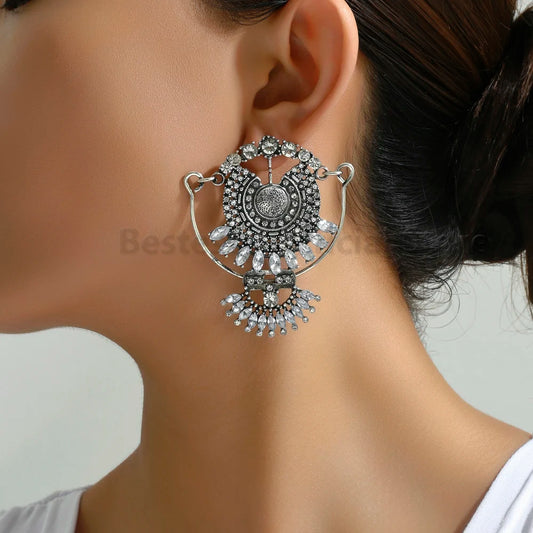 Bohemian Gold Metal Rhinestone Exaggerated Large Stud Earrings for Women for Party Prom Vacation Trendy Jewelry Accessories