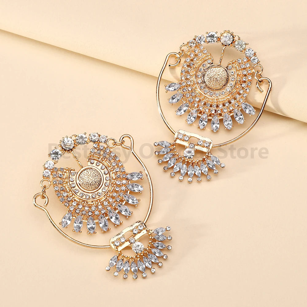 Bohemian Gold Metal Rhinestone Exaggerated Large Stud Earrings for Women for Party Prom Vacation Trendy Jewelry Accessories