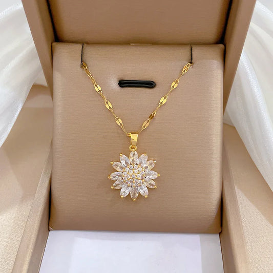 DIEYURO 316L Stainless Steel Luxury Zircon Flower Pendant Necklace For Women Girl New Trend Clavicle Chain Jewelry Lady Gift