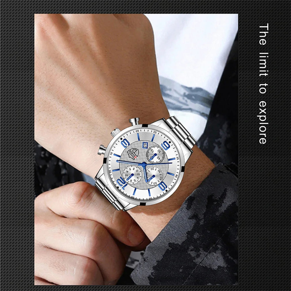 Brand Fashion Men's Sports Watches for Men Business Stainless Steel Quartz Wrist Watch Luxury Man Casual Leather Luminous Clock