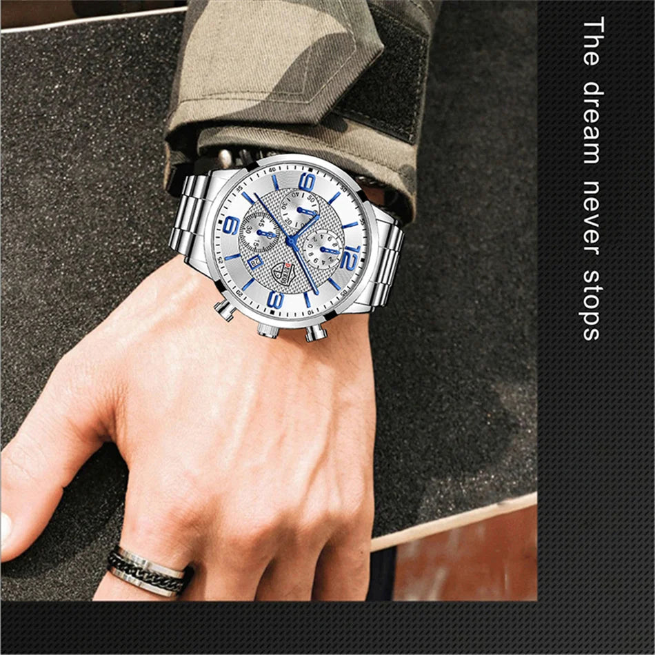Brand Fashion Men's Sports Watches for Men Business Stainless Steel Quartz Wrist Watch Luxury Man Casual Leather Luminous Clock
