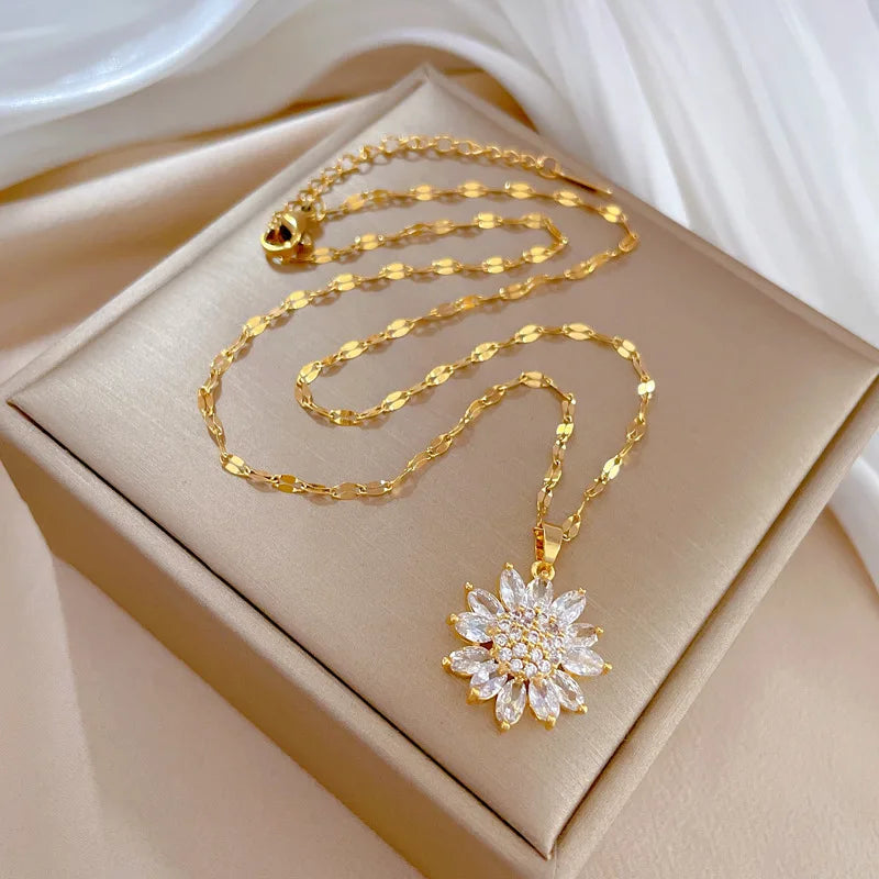 DIEYURO 316L Stainless Steel Luxury Zircon Flower Pendant Necklace For Women Girl New Trend Clavicle Chain Jewelry Lady Gift