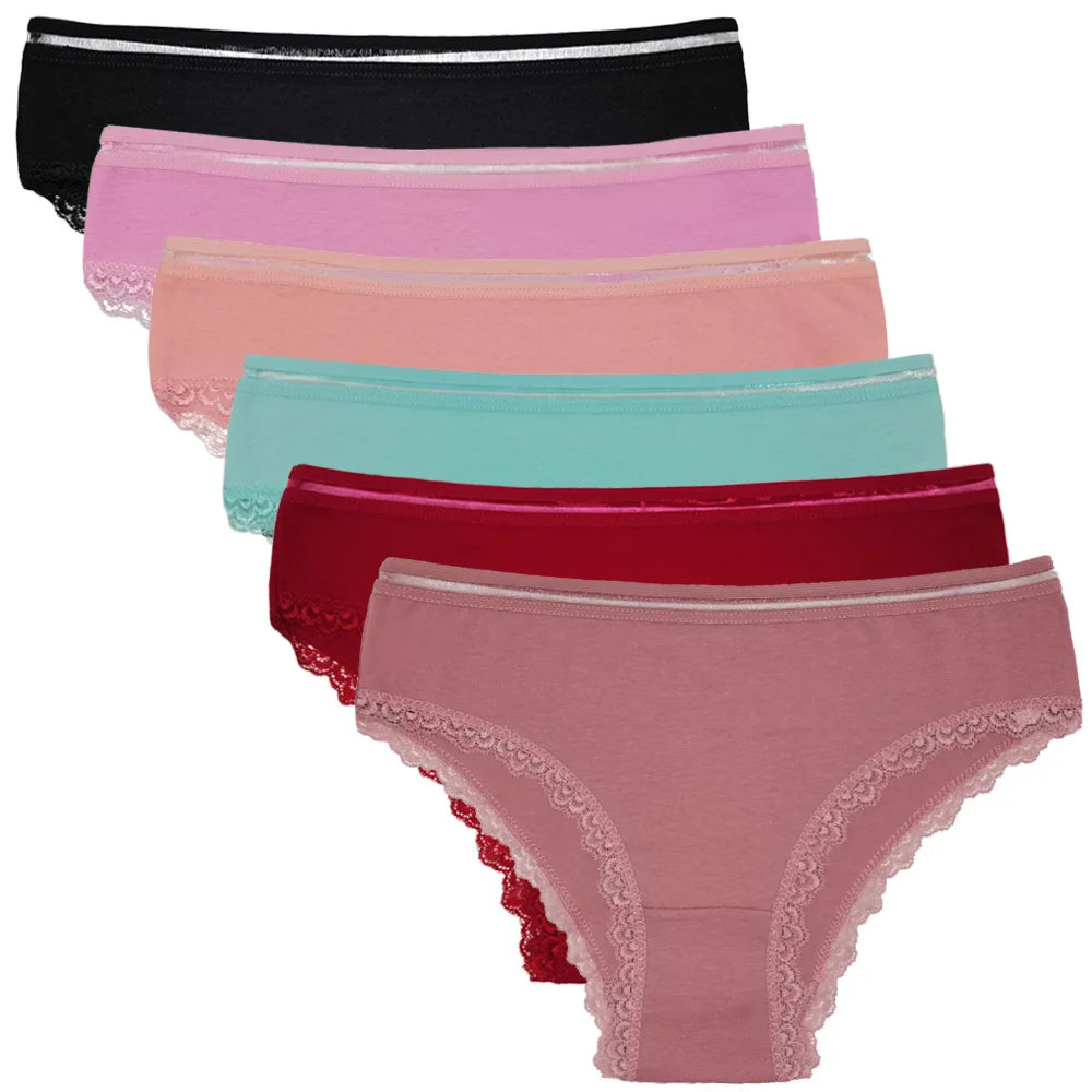 Women Underwear Ladies Panties Cotton Low Rise Solid Cute Bow Soft Breathable Briefs for Girls 6 Pcs/set
