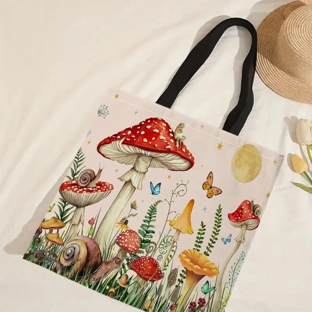 Cute Mushroom Print Shopping Bag Lady Handbag Eco Reusable Large Tote Shopper Storage Bags