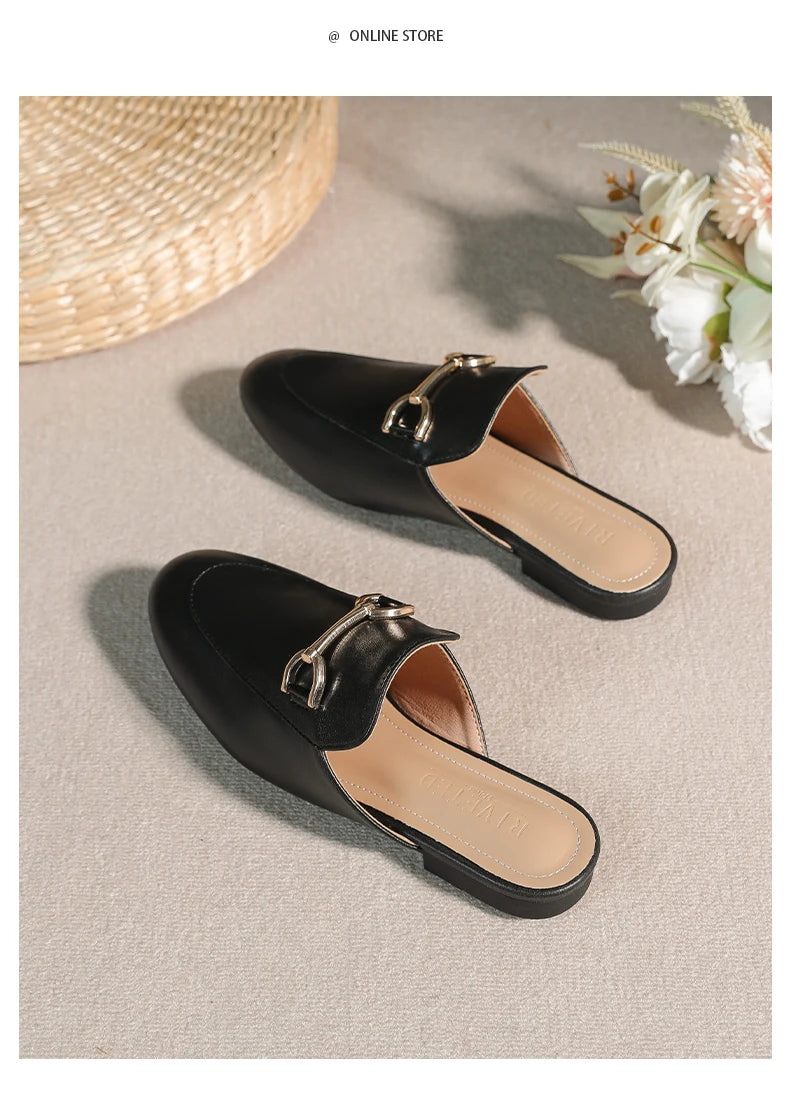 2024 spring and summer women’s outer wear slippers flat shoes Women's casual mules Stylish metal decoration Large size 41-44
