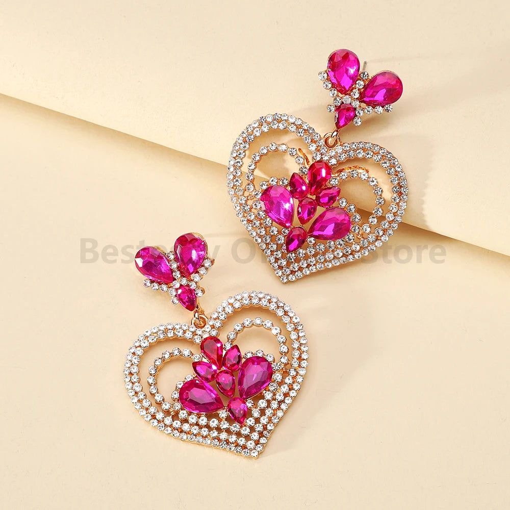 Fashion Heart Shaped Earrings Woman Valentine Colorful Shiny Rhinestone Elegant Gorgeous Pendant Girl Party Luxury Jewelry Gift