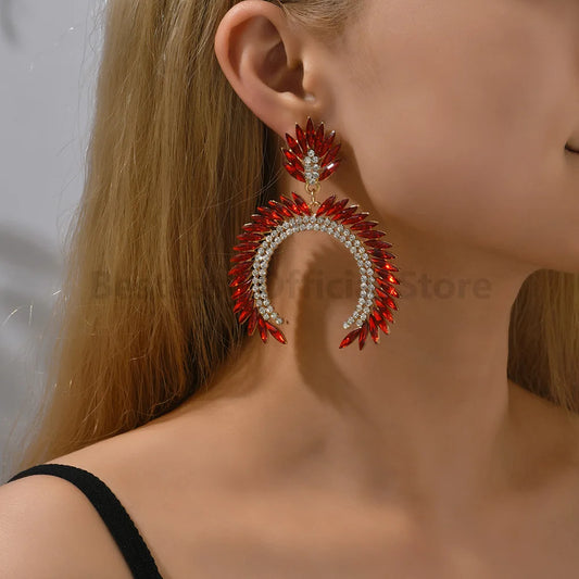 Exaggerated Red Imitation Gemstone Crescent Drop Earrings for Women Vintage Elegant Luxury Party Prom Bride Jewelry Accessories