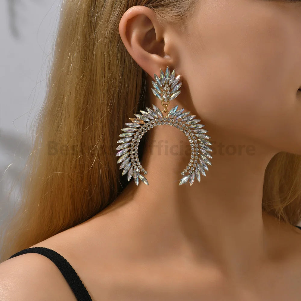 Exaggerated Red Imitation Gemstone Crescent Drop Earrings for Women Vintage Elegant Luxury Party Prom Bride Jewelry Accessories