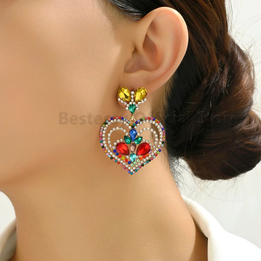 Fashion Heart Shaped Earrings Woman Valentine Colorful Shiny Rhinestone Elegant Gorgeous Pendant Girl Party Luxury Jewelry Gift