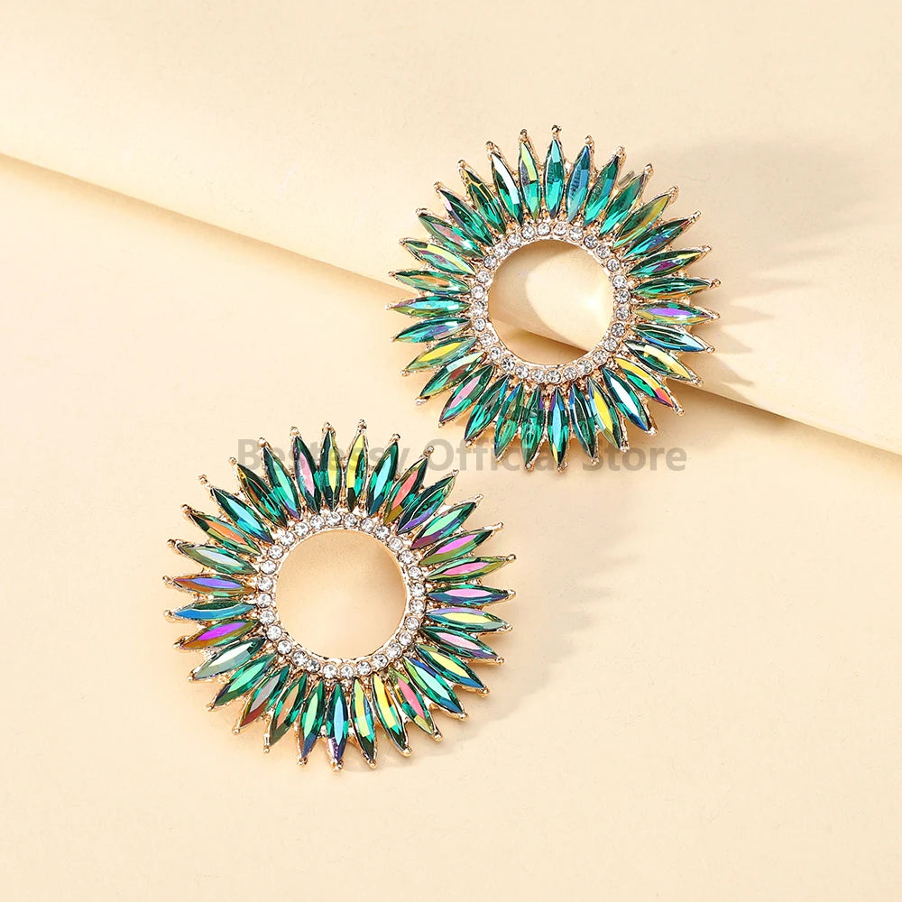 Fashion Trend Round Design Crystal Earrings For Women Statement Vintage Ear Stud Jewelry Accessories Luxury Charm Party Gifts