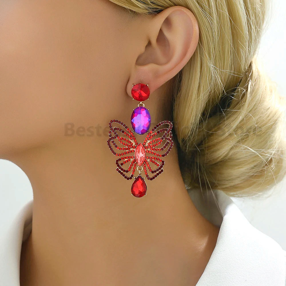 Luxury Sparkling Rhinestone Butterfly Dangle Earrings for Women Trendy Elegant Jewelry Accessories Party Prom Accessories