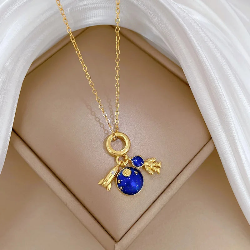 Light Luxury Titanium Steel Star Series Necklace for Women Gold Color Planet Moon Astronaut Pendant Necklaces Jewelry Gifts