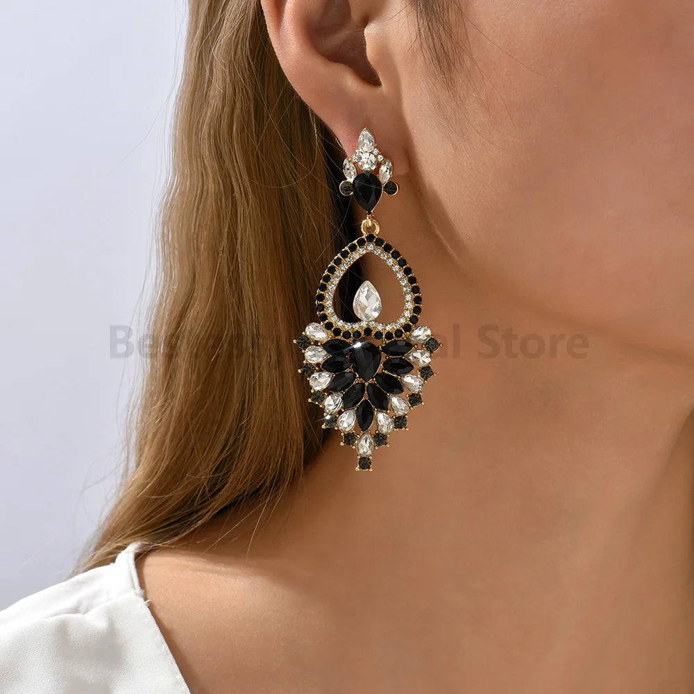 Trendy Euro American Heart Shiny Rhinestone Drop Dangle Earrings For Woman Geometric Inverted Girl Jewelry Unique Statement Gift