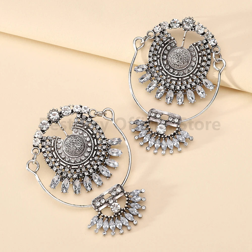 Bohemian Gold Metal Rhinestone Exaggerated Large Stud Earrings for Women for Party Prom Vacation Trendy Jewelry Accessories