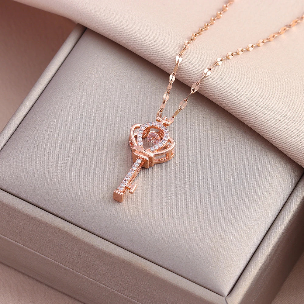 New In Sweet Romantic Open Your Heart Key Pendant Necklaces For Women Female Daily Wear Stainless Steel Clavicle Chain Jewelry