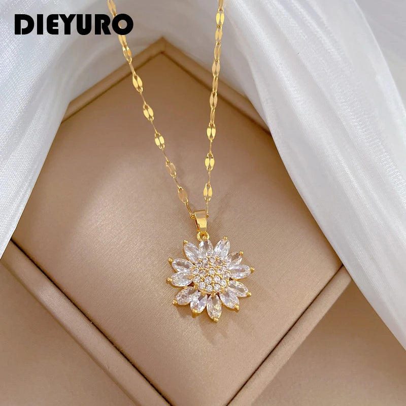 DIEYURO 316L Stainless Steel Luxury Zircon Flower Pendant Necklace For Women Girl New Trend Clavicle Chain Jewelry Lady Gift