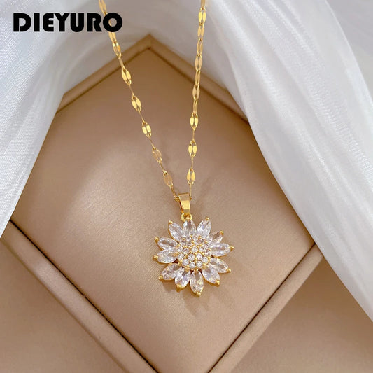 DIEYURO 316L Stainless Steel Luxury Zircon Flower Pendant Necklace For Women Girl New Trend Clavicle Chain Jewelry Lady Gift