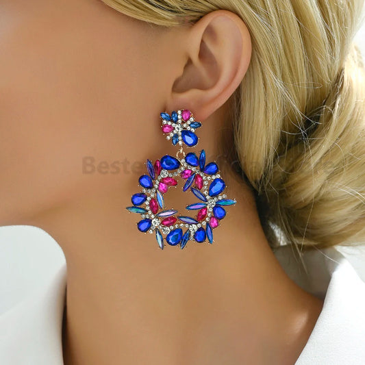 Bohemian Round Colorful Glass Dangle Earrings For Women Trend Luxury Elegant Alloy Vintage Pendants Wholesale Party Jewelry Gift