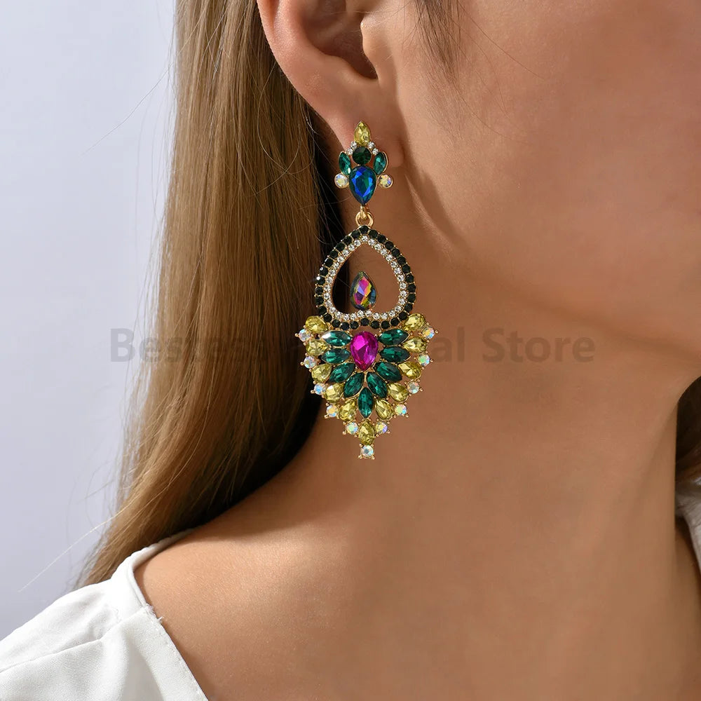 Trendy Euro American Heart Shiny Rhinestone Drop Dangle Earrings For Woman Geometric Inverted Girl Jewelry Unique Statement Gift