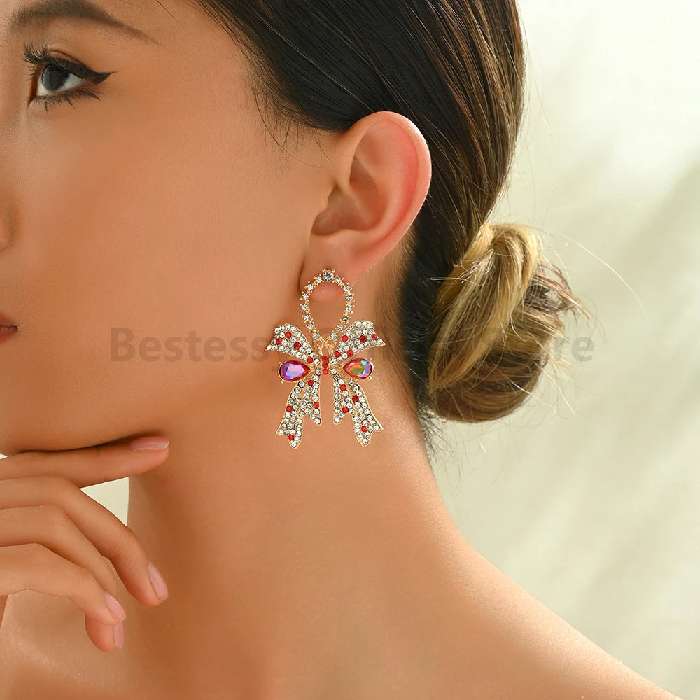 Fashion Gorgeous Sweet Rhinestone Bow Earrings for Women Party Prom Bridal Wedding Ladies Jewelry Accessories