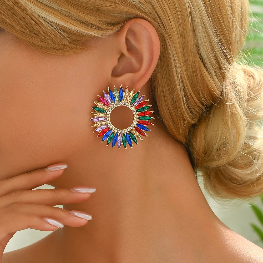 Fashion Trend Round Design Crystal Earrings For Women Statement Vintage Ear Stud Jewelry Accessories Luxury Charm Party Gifts