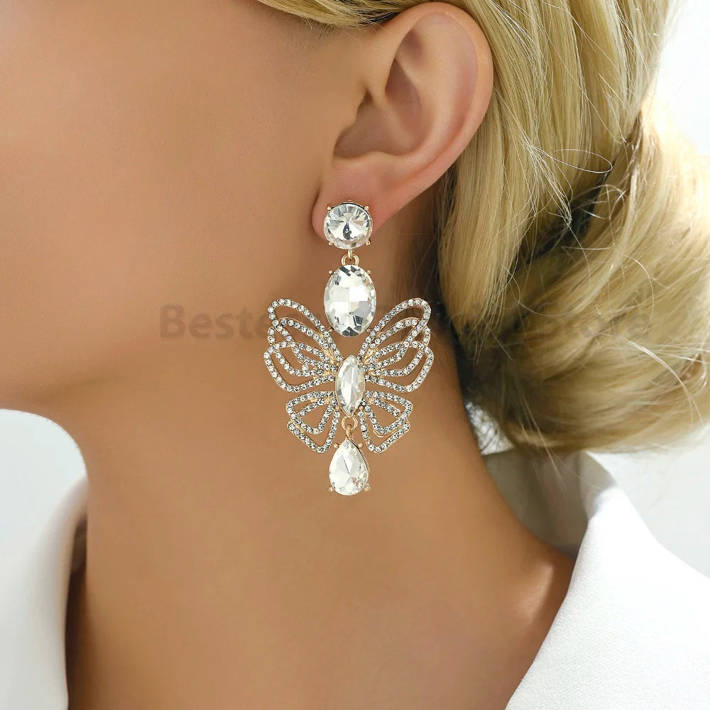 Luxury Sparkling Rhinestone Butterfly Dangle Earrings for Women Trendy Elegant Jewelry Accessories Party Prom Accessories