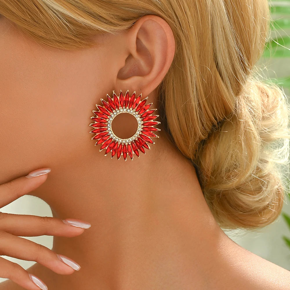 Fashion Trend Round Design Crystal Earrings For Women Statement Vintage Ear Stud Jewelry Accessories Luxury Charm Party Gifts