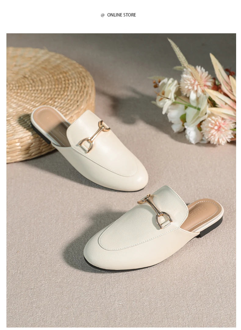 2024 spring and summer women’s outer wear slippers flat shoes Women's casual mules Stylish metal decoration Large size 41-44