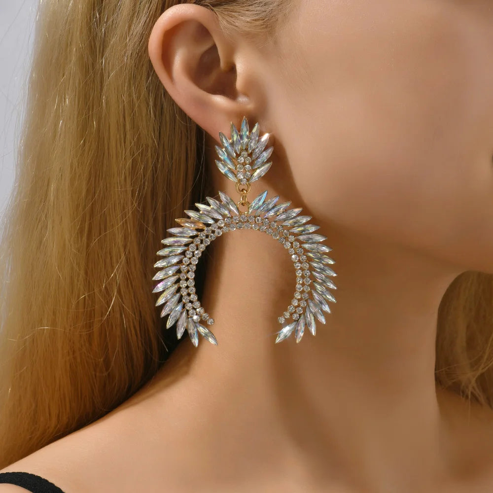 Exaggerated Red Imitation Gemstone Crescent Drop Earrings for Women Vintage Elegant Luxury Party Prom Bride Jewelry Accessories