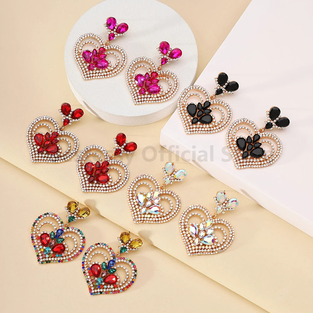 Fashion Heart Shaped Earrings Woman Valentine Colorful Shiny Rhinestone Elegant Gorgeous Pendant Girl Party Luxury Jewelry Gift