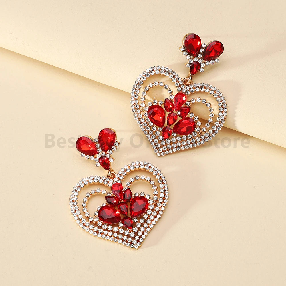 Fashion Heart Shaped Earrings Woman Valentine Colorful Shiny Rhinestone Elegant Gorgeous Pendant Girl Party Luxury Jewelry Gift