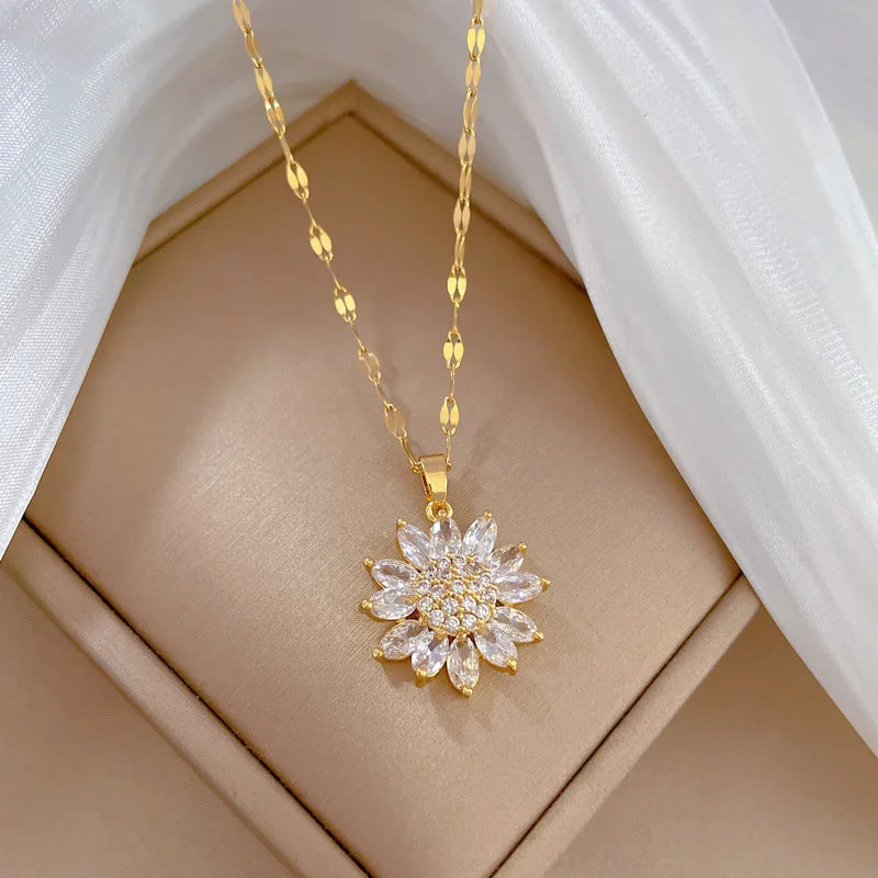 DIEYURO 316L Stainless Steel Luxury Zircon Flower Pendant Necklace For Women Girl New Trend Clavicle Chain Jewelry Lady Gift