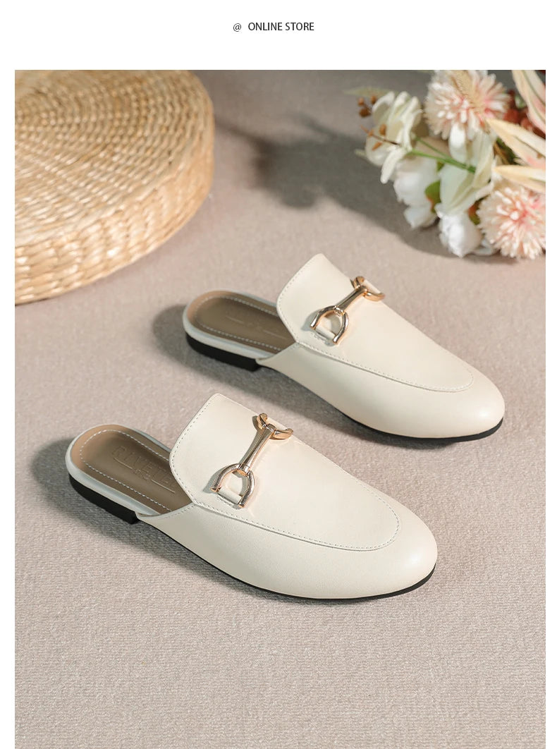 2024 spring and summer women’s outer wear slippers flat shoes Women's casual mules Stylish metal decoration Large size 41-44