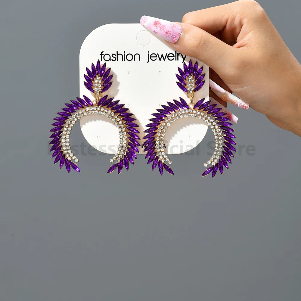 Exaggerated Red Imitation Gemstone Crescent Drop Earrings for Women Vintage Elegant Luxury Party Prom Bride Jewelry Accessories