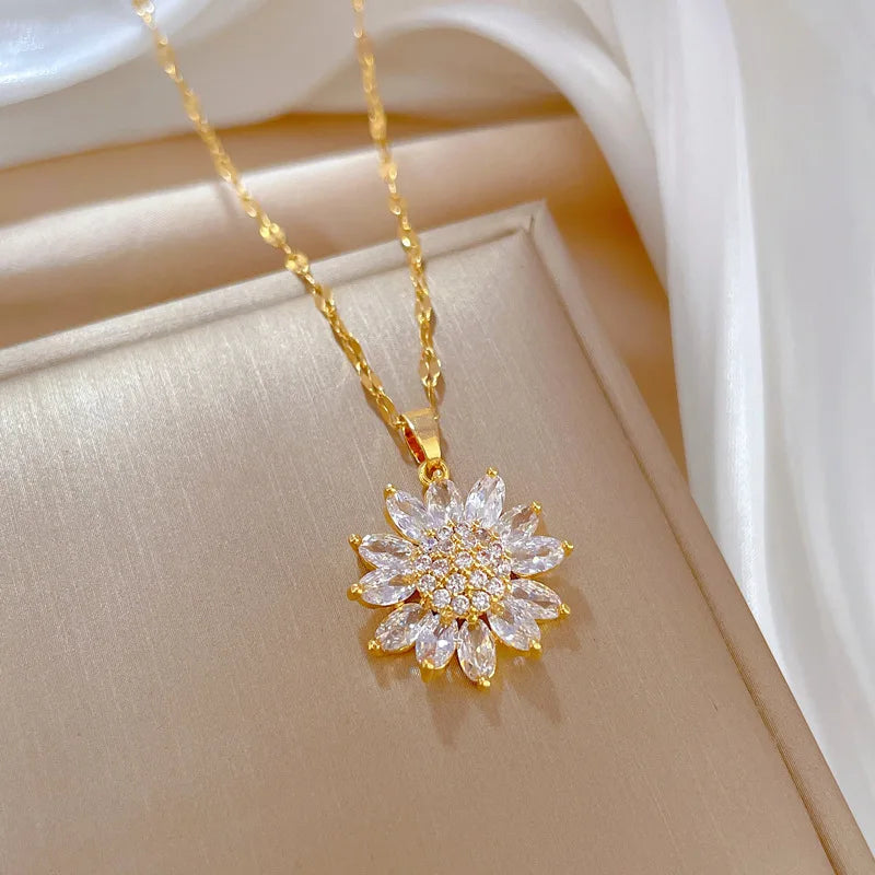 DIEYURO 316L Stainless Steel Luxury Zircon Flower Pendant Necklace For Women Girl New Trend Clavicle Chain Jewelry Lady Gift