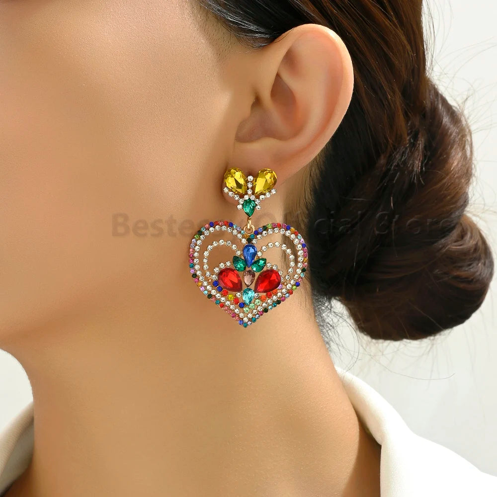 Fashion Heart Shaped Earrings Woman Valentine Colorful Shiny Rhinestone Elegant Gorgeous Pendant Girl Party Luxury Jewelry Gift