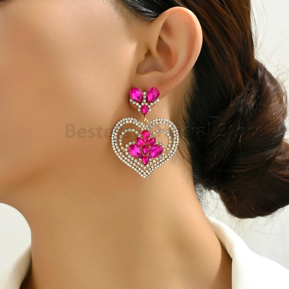 Fashion Heart Shaped Earrings Woman Valentine Colorful Shiny Rhinestone Elegant Gorgeous Pendant Girl Party Luxury Jewelry Gift