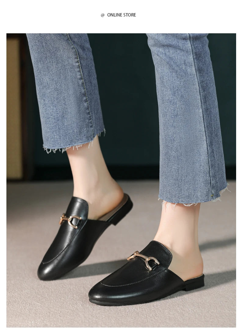 2024 spring and summer women’s outer wear slippers flat shoes Women's casual mules Stylish metal decoration Large size 41-44