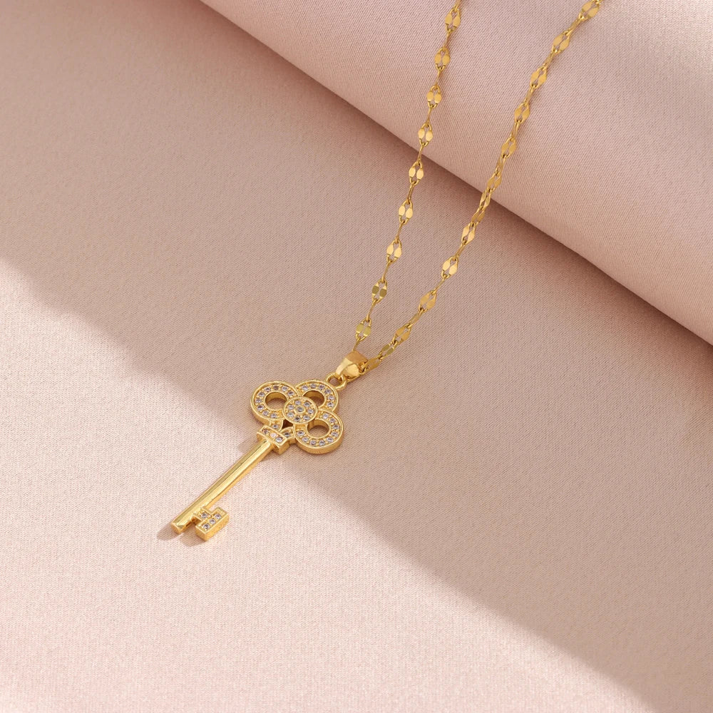 New In Sweet Romantic Open Your Heart Key Pendant Necklaces For Women Female Daily Wear Stainless Steel Clavicle Chain Jewelry