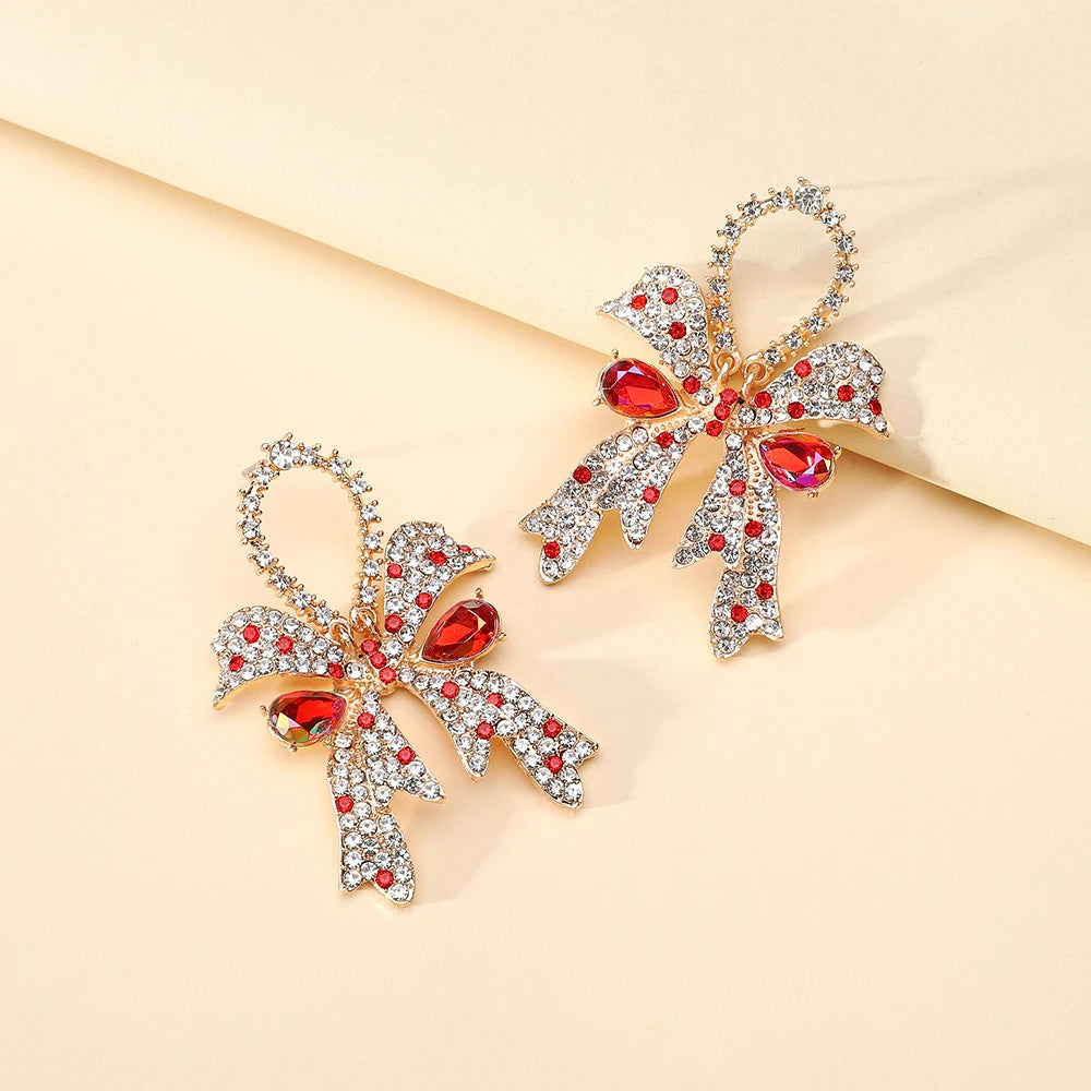 Fashion Gorgeous Sweet Rhinestone Bow Earrings for Women Party Prom Bridal Wedding Ladies Jewelry Accessories