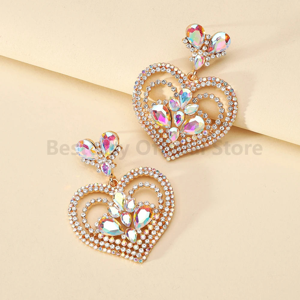Fashion Heart Shaped Earrings Woman Valentine Colorful Shiny Rhinestone Elegant Gorgeous Pendant Girl Party Luxury Jewelry Gift