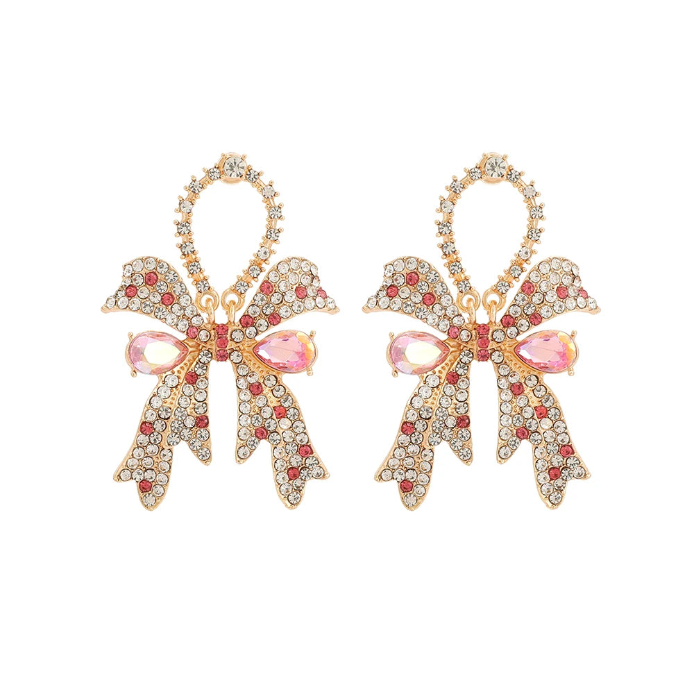 Fashion Gorgeous Sweet Rhinestone Bow Earrings for Women Party Prom Bridal Wedding Ladies Jewelry Accessories