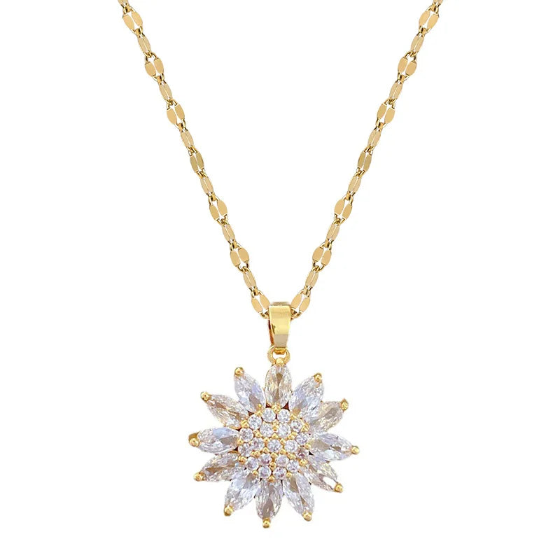 DIEYURO 316L Stainless Steel Luxury Zircon Flower Pendant Necklace For Women Girl New Trend Clavicle Chain Jewelry Lady Gift