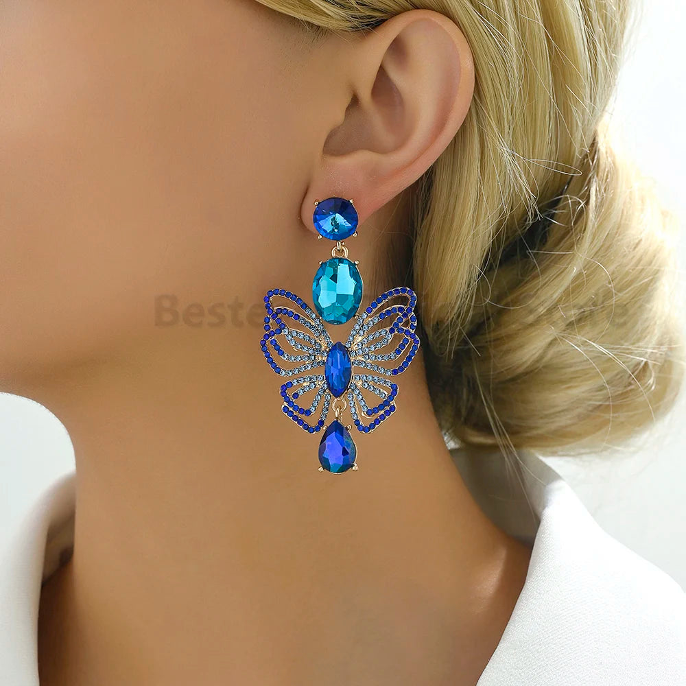 Luxury Sparkling Rhinestone Butterfly Dangle Earrings for Women Trendy Elegant Jewelry Accessories Party Prom Accessories
