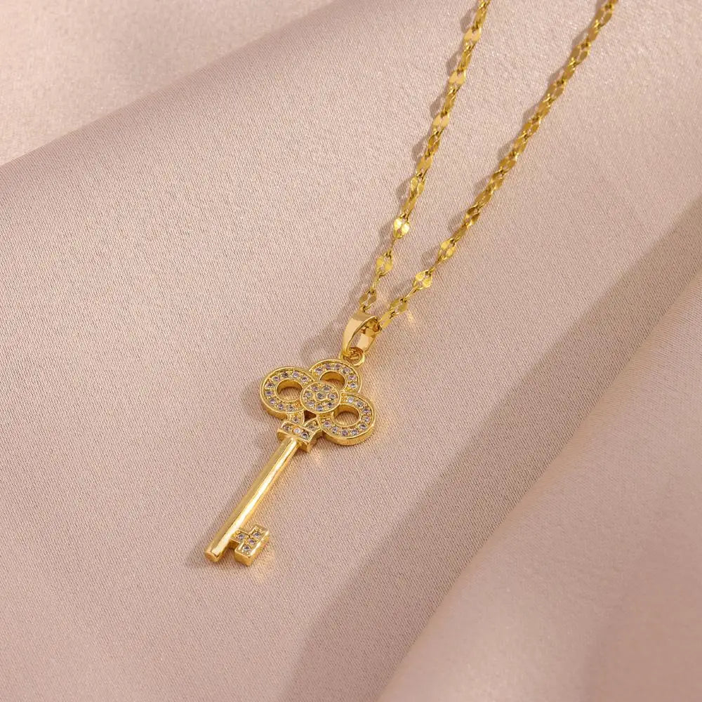 New In Sweet Romantic Open Your Heart Key Pendant Necklaces For Women Female Daily Wear Stainless Steel Clavicle Chain Jewelry