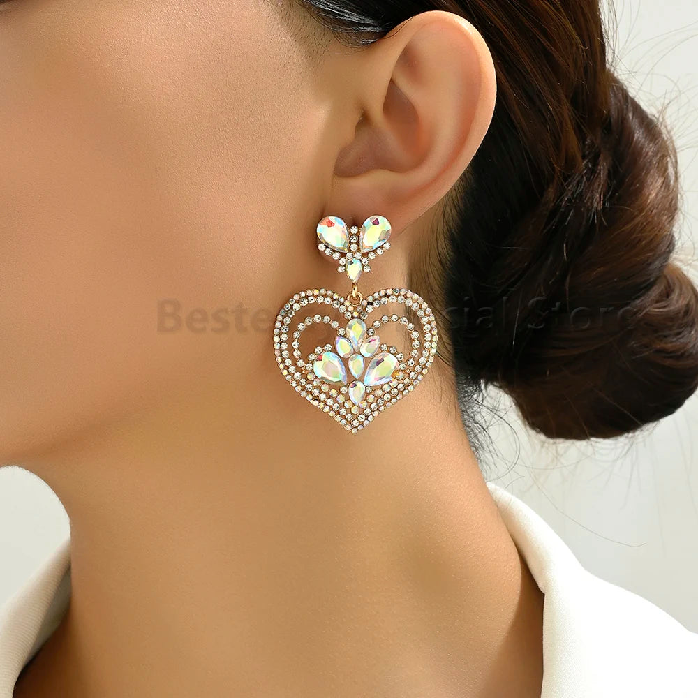 Fashion Heart Shaped Earrings Woman Valentine Colorful Shiny Rhinestone Elegant Gorgeous Pendant Girl Party Luxury Jewelry Gift