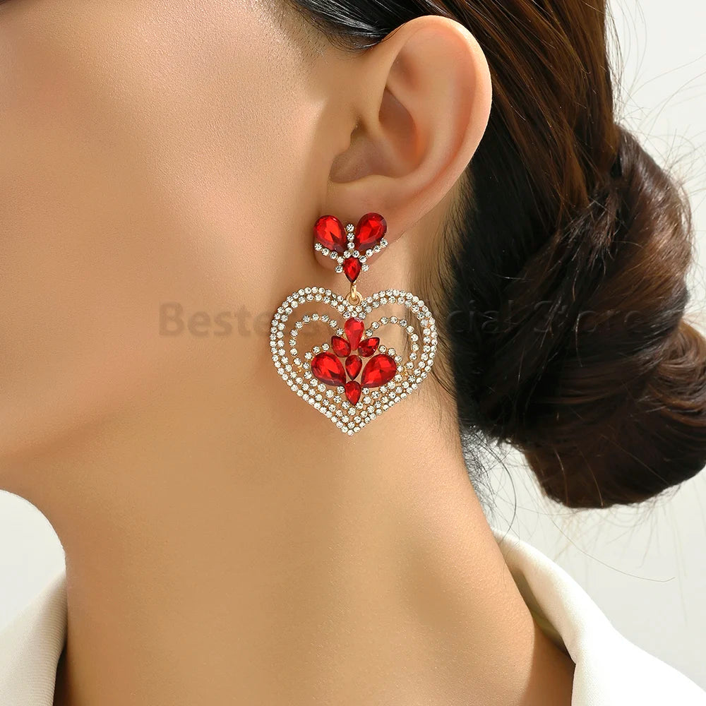 Fashion Heart Shaped Earrings Woman Valentine Colorful Shiny Rhinestone Elegant Gorgeous Pendant Girl Party Luxury Jewelry Gift