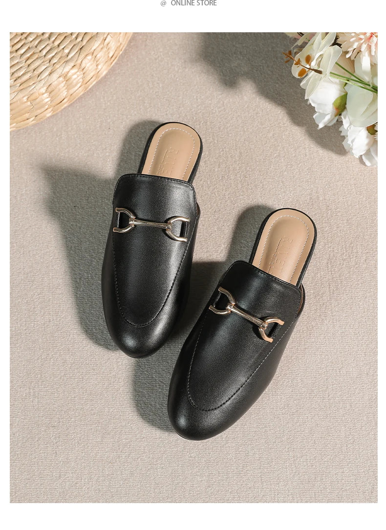 2024 spring and summer women’s outer wear slippers flat shoes Women's casual mules Stylish metal decoration Large size 41-44