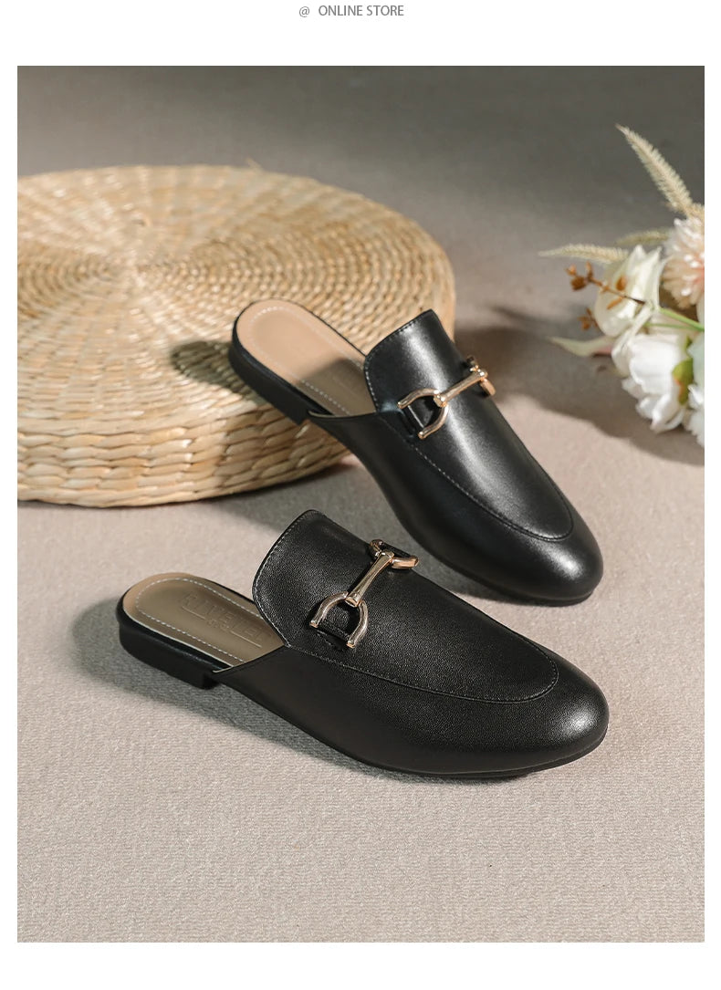 2024 spring and summer women’s outer wear slippers flat shoes Women's casual mules Stylish metal decoration Large size 41-44
